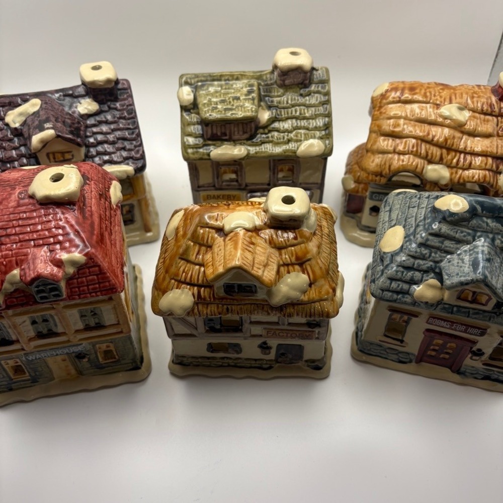 Vtg JSNY Taiwan Cottagecore Ceramic Christmas Village Tea Light Holder Set of 6